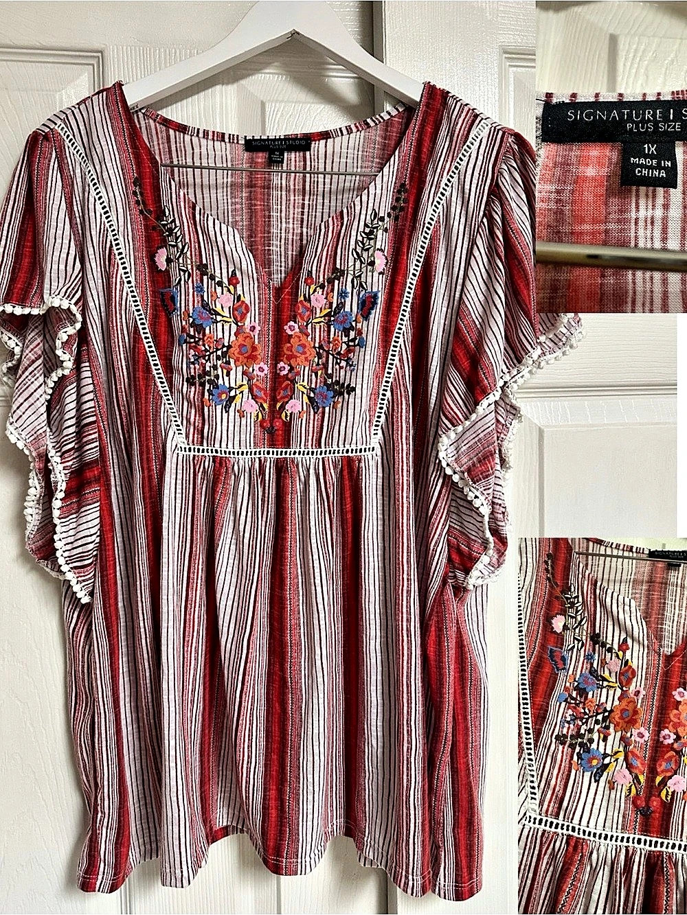 Johnny Was Striped Embroidered Tunic Red & White plus size 1x Like New